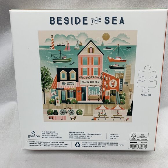 Galison Jigsaw Puzzle Beside the Sea 500 Piece 20" x 20" Boats Ocean Seaside New - Picture 2 of 5